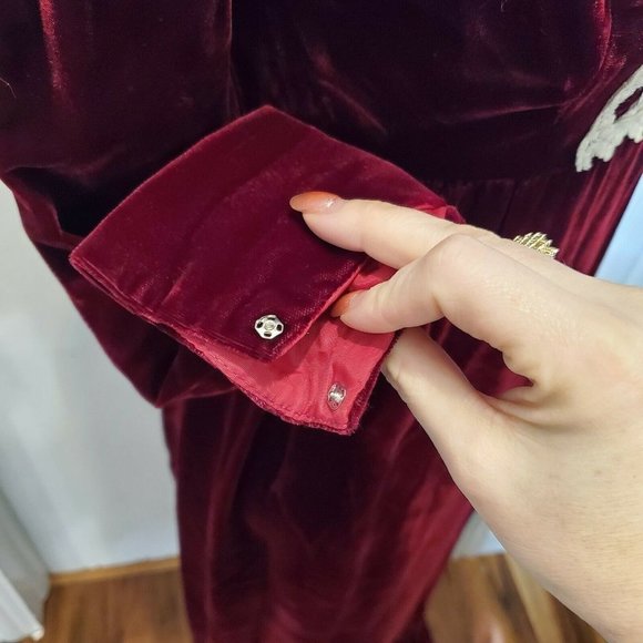 Vintage 60s 70s Wine Red Velvet Prairie Dress Crochet Trim Floor Length Small - Picture 7 of 12